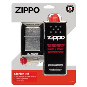 Zippo Starter-Kit: Sturmfeuerzeug, Feuerzeugbenzin und Feuersteine für den sofortigen Gebrauch.