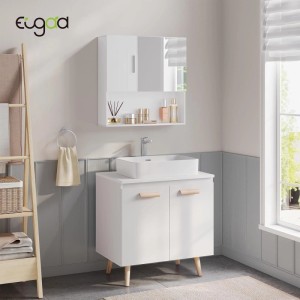 Weißer EUGAD Spiegelschrank mit Spiegeltür, einer weiteren Tür und offener Ablage. Wandmontiert im Bad für flexiblen Stauraum.