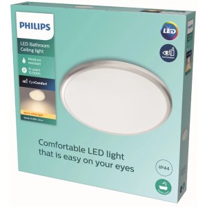 Verpackung der Philips LED-Deckenleuchte Spray, 17W, 2700K, IP44, Weiß. Augenschonendes Licht.