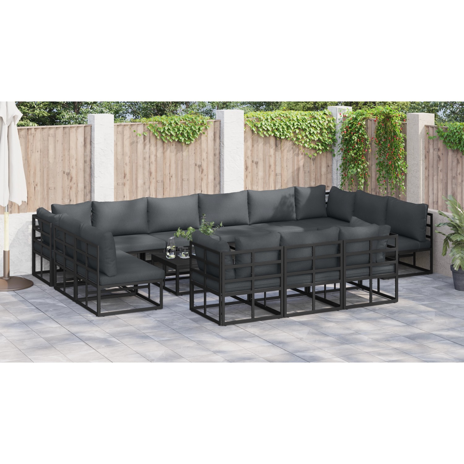 vidaXL Garten-Sofa-Set, 13-teilig, schwarz, Aluminium, mit Tisch und anthrazitfarbenen Kissen.