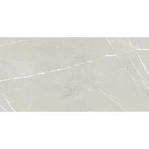 Graue, glasierte und polierte Feinsteinzeug Bodenfliese, 60x120 cm, mit Marmoroptik.