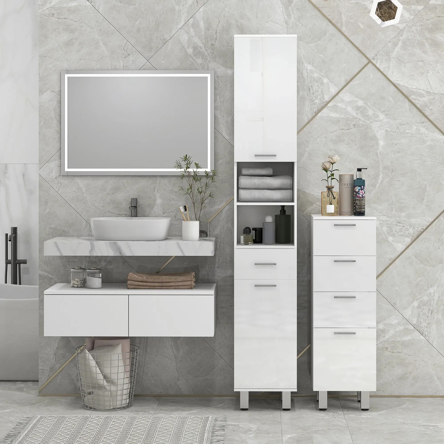 Weißer kleankin Badezimmerschrank (30x30x93 cm) mit Schubladen und Regalfach vor grauer Wand.