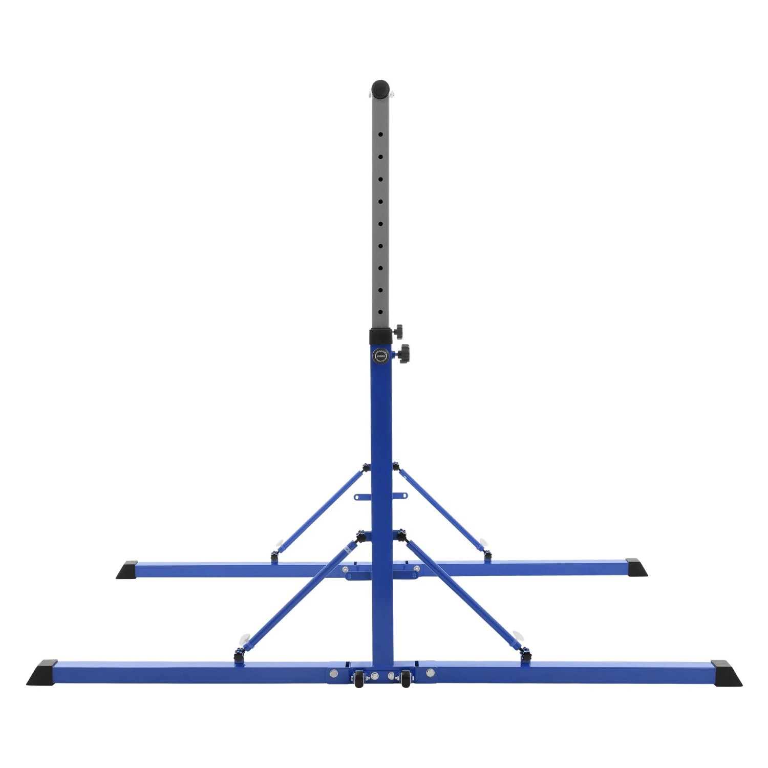 Blaues, höhenverstellbares Gymnastik Turnreck aus Stahl mit grauer Verstellstange, faltbar.