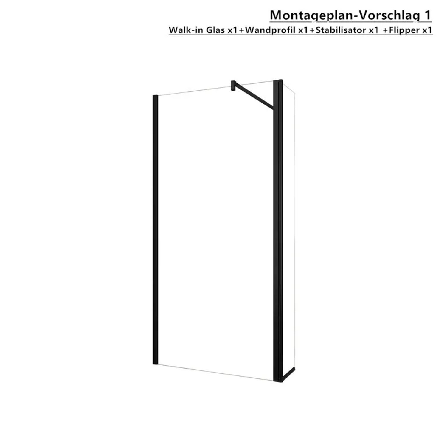 Duschparadies Walk-in Glas Flipper, 30x200cm, mit schwarzem Wandprofil.