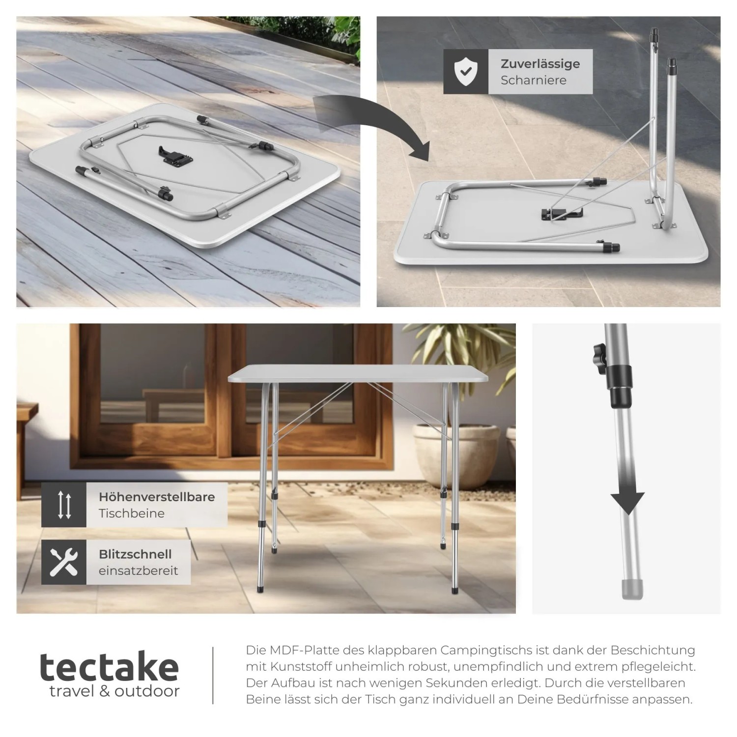 Tectake Campingtisch Julian, klappbar, mit MDF-Platte, grau, höhenverstellbar.