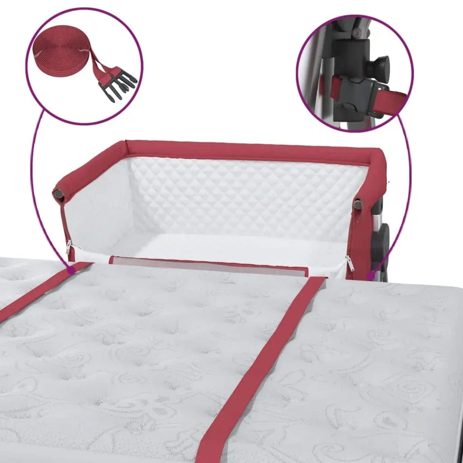 Rotes vidaXL Babybett mit Leinenstoff, am Elternbett befestigt. Detailansicht der roten Befestigungsgurte und Schnallen.