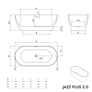 Technische Zeichnung der freistehenden Badewanne JAZZ PLUS 2.0, 160x75 cm, mit Maßen.