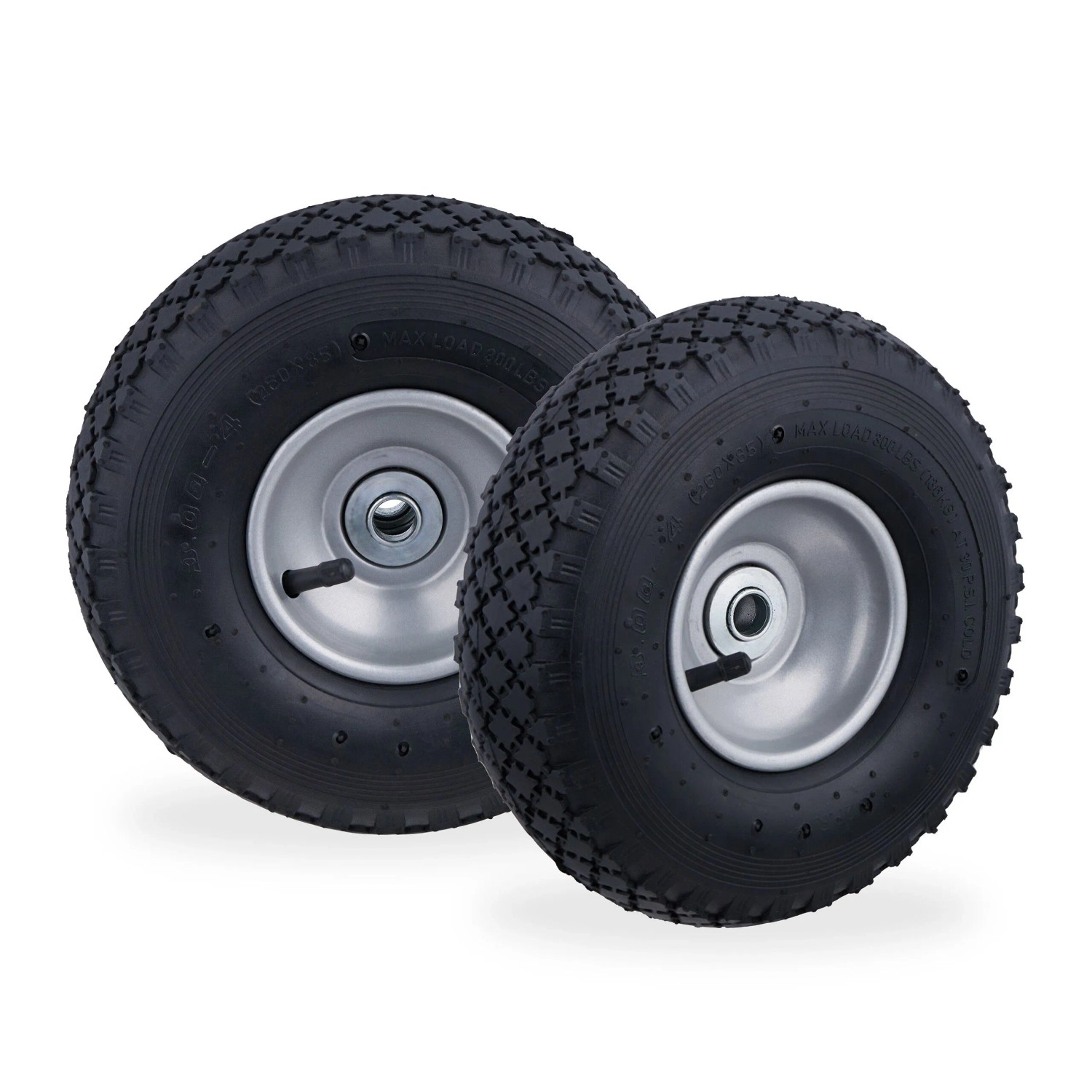 Relaxdays Sackkarrenrad 2er Set 3.00-4 Gummi Stahl Schwarz Grau Kugellager Luftbereift 26 cm x 8,5 cm 1 kg