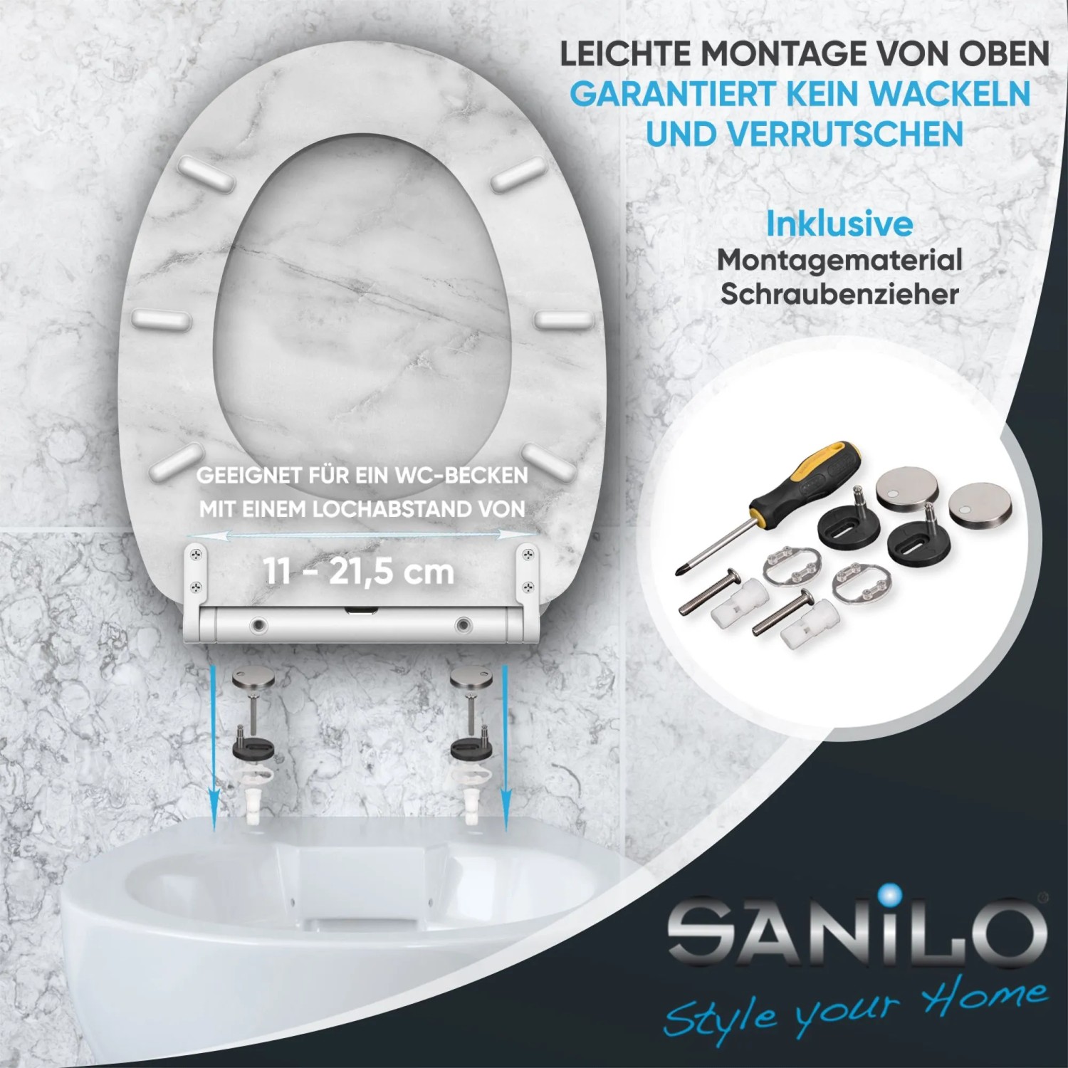 SANILO WC-Sitz Marmor mit Absenkautomatik und Top-Fix-Befestigung für einfache Montage.