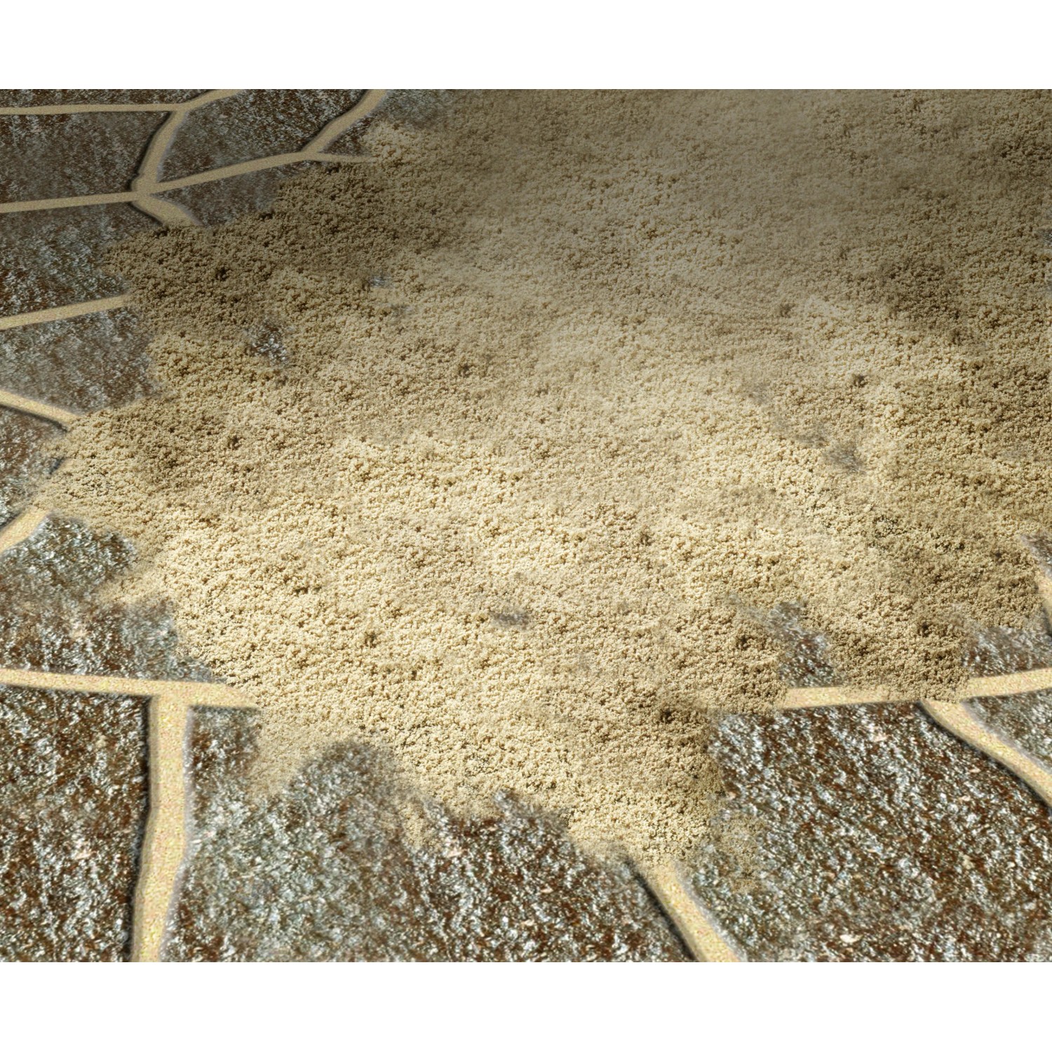 Sandfarbener MEM Fix-Fertig-Fugenmörtel zwischen Pflastersteinen. Ideal für Gartenwege und Terrassen.
