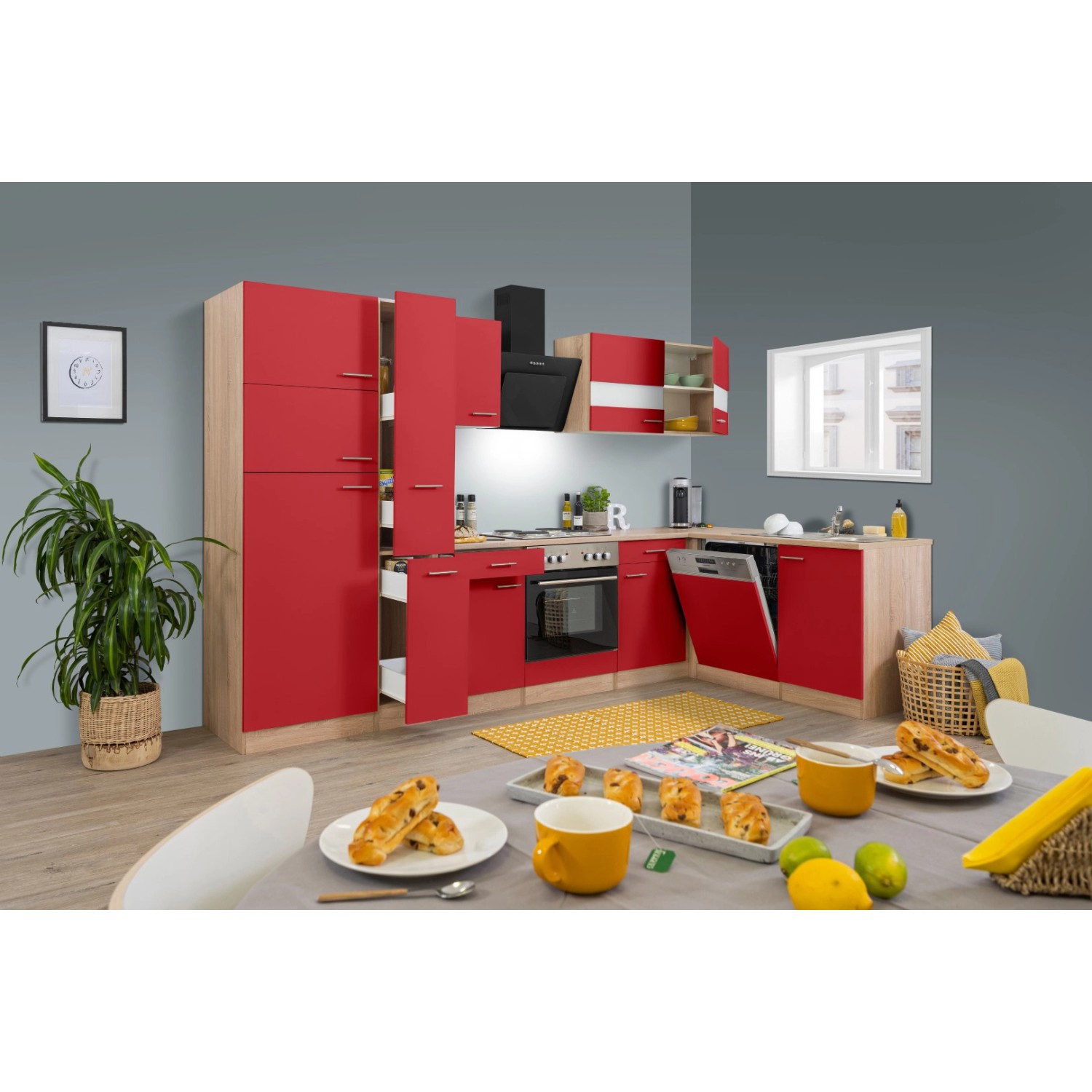 Respekta Winkelküche KBL310ESRS 310 cm Rot-Eiche Sonoma Sägerau Nachbildung