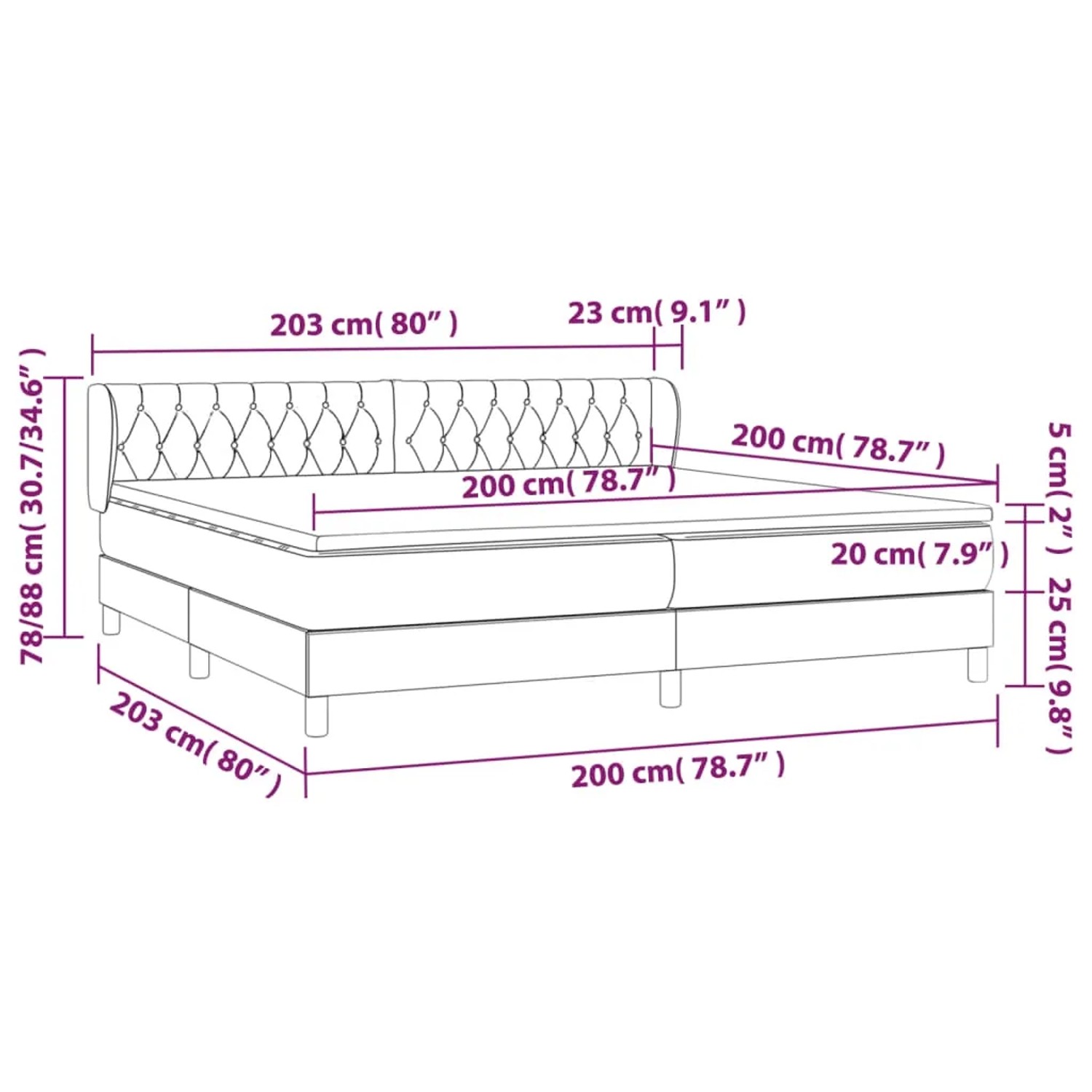 Schwarzes vidaXL Boxspringbett 200x200 cm mit Matratze und den Maßen.