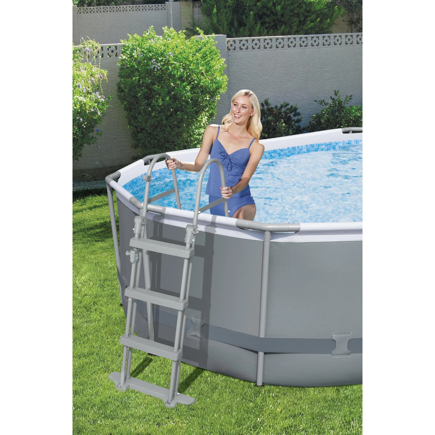 Bestway Frame Pool Power Steel Set, 488x305x107 cm, mit Leiter und grauer Poolfolie.
