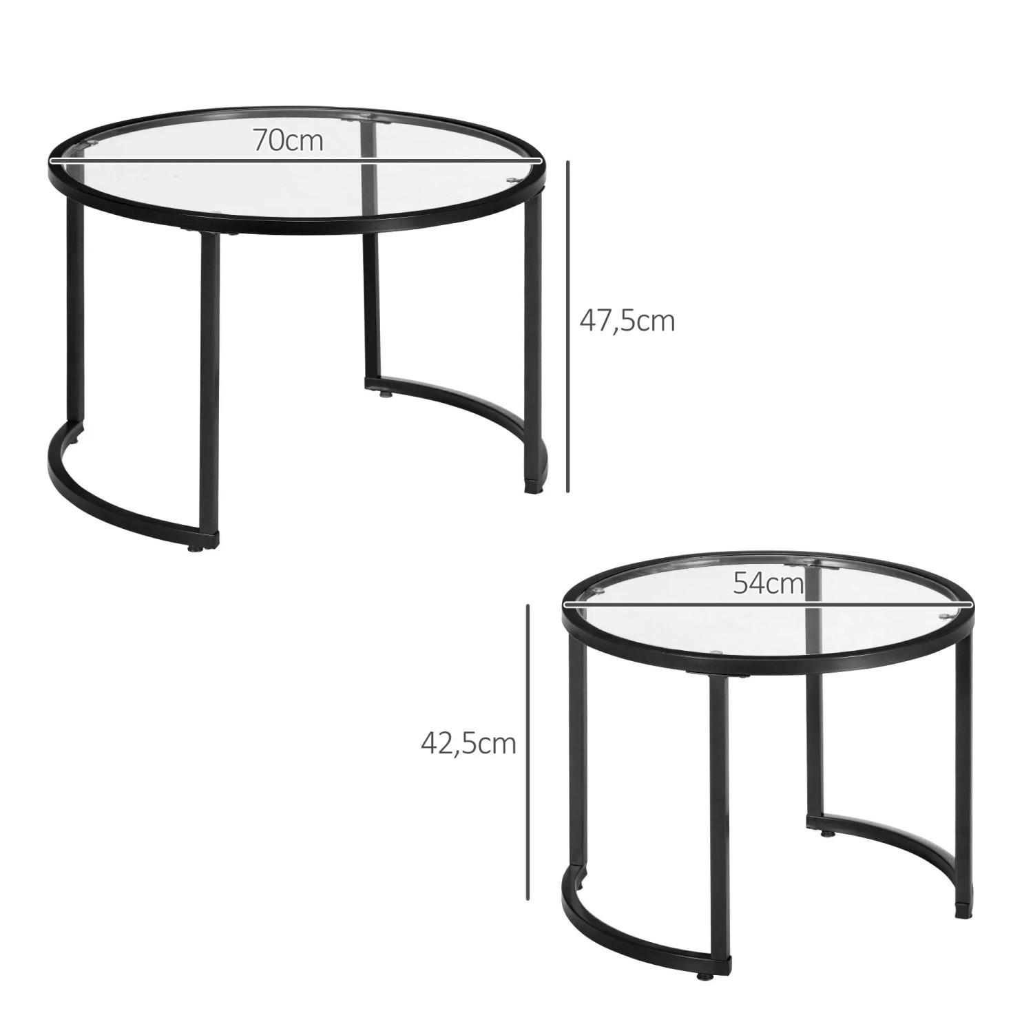HOMCOM Couchtisch 2er-Set, stapelbar, mit schwarzem Gestell und Hartglasplatten.
