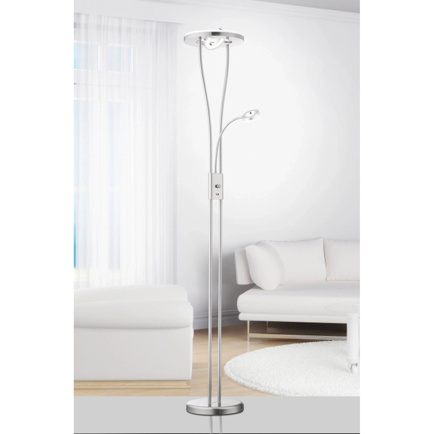 Moderner LED-Deckenfluter Helia aus Stahl, gebürstet. Mit Leseleuchte, höhenverstellbar von 187,5 bis 198 cm.