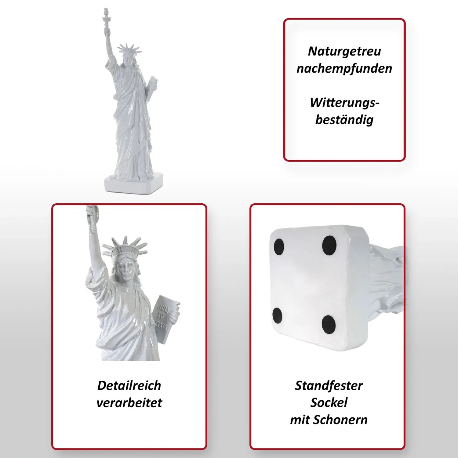 Detailreiche, weiße Freiheitsstatue als Deko Figur für Innen und Außen.