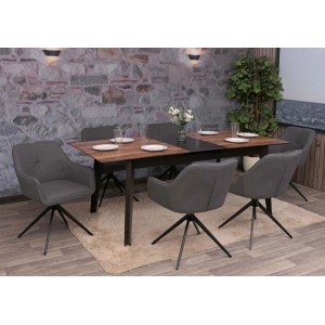 Sechs graue CHEFGASTRO Esszimmerstühle mit Stoffbezug, Armlehnen und drehbarer Funktion. Modernes 6er-Set für den Essbereich.