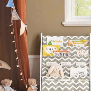SoBuy Kinder-Bücherregal KMB50-HG mit Stofffächern in Grau/Weiß. Ideal zur Aufbewahrung von Kinderbüchern.