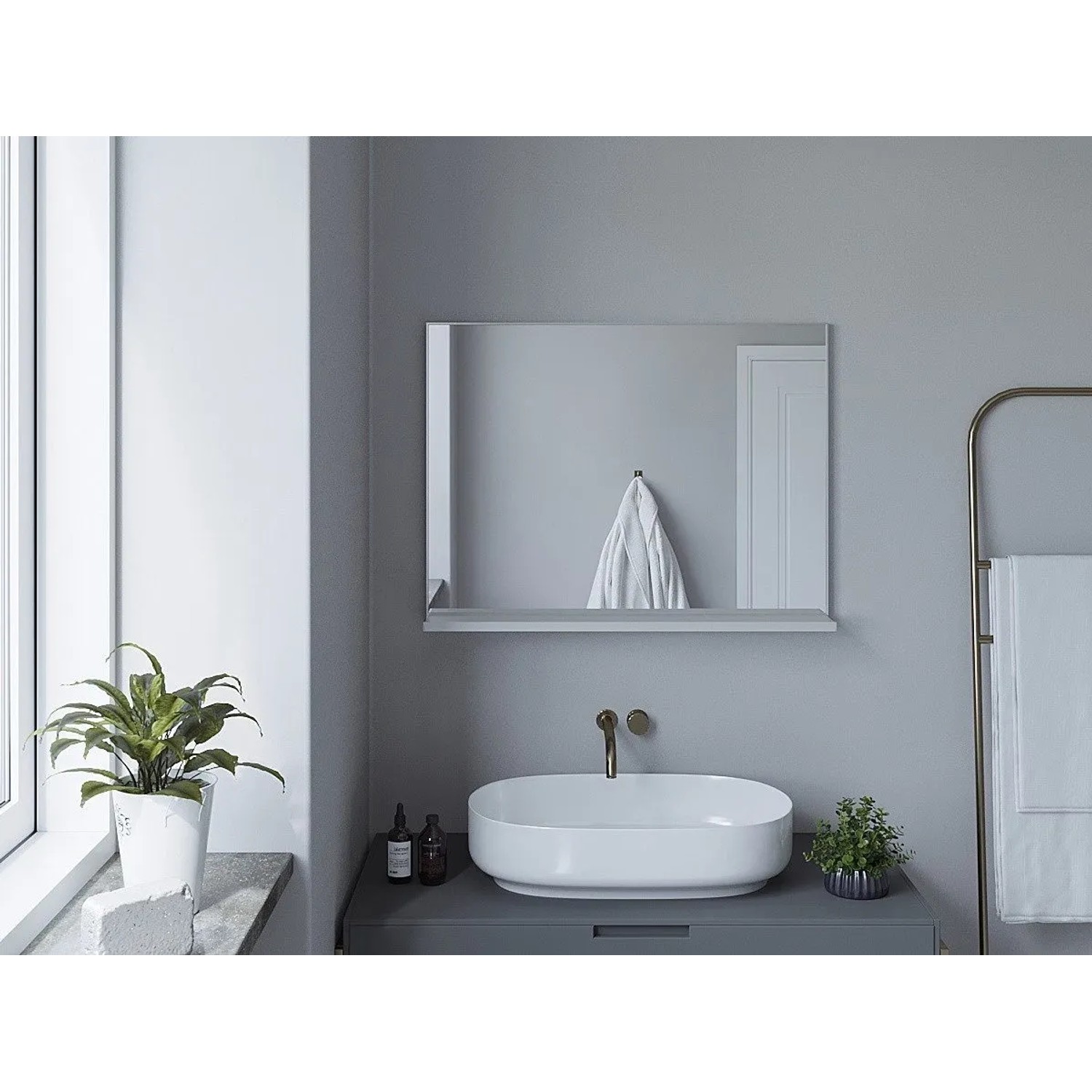 Aquabatos Badspiegel 50x70 cm mit Ablage, rechteckig, silber matt. Wandspiegel für Badezimmer.