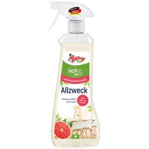 Poliboy Allzweck Reiniger 500 ml Sprühflasche, klar, mit Grapefruit-Extrakt. Reinigt Oberflächen, entfernt Staub & Schmutz.