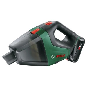 Bosch Akku-Sauger UniversalVac 18V, grün-schwarz, mit transparentem Behälter und 18V Akku für mobile Reinigung.
