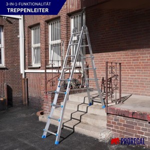 PROREGAL 3-in-1 Mehrzweckleiter aus Aluminium, als Stehleiter auf Treppe, 4x5 Sprossen, bis 150kg.