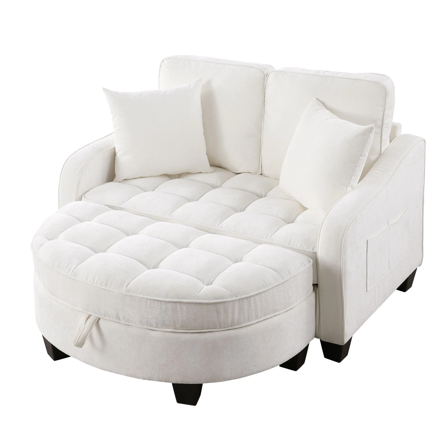 PXloue 2 in 1 Sofa Bett Schlafsofa mit Hocker Stauraum Eukalyptusholz Rahmen Stoffbezug Beige