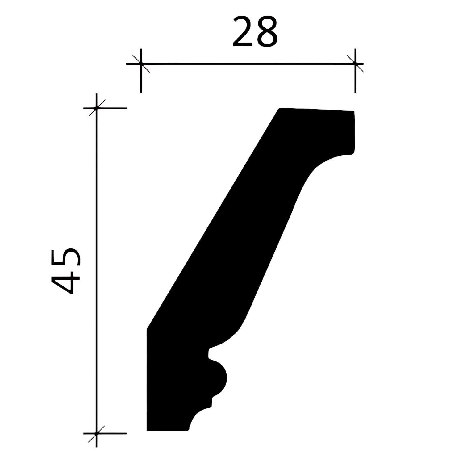 Profil der weißen PROFHOME Eckleiste aus Polyurethan, 200x2,8x4,5 cm, für Decke und Wand.