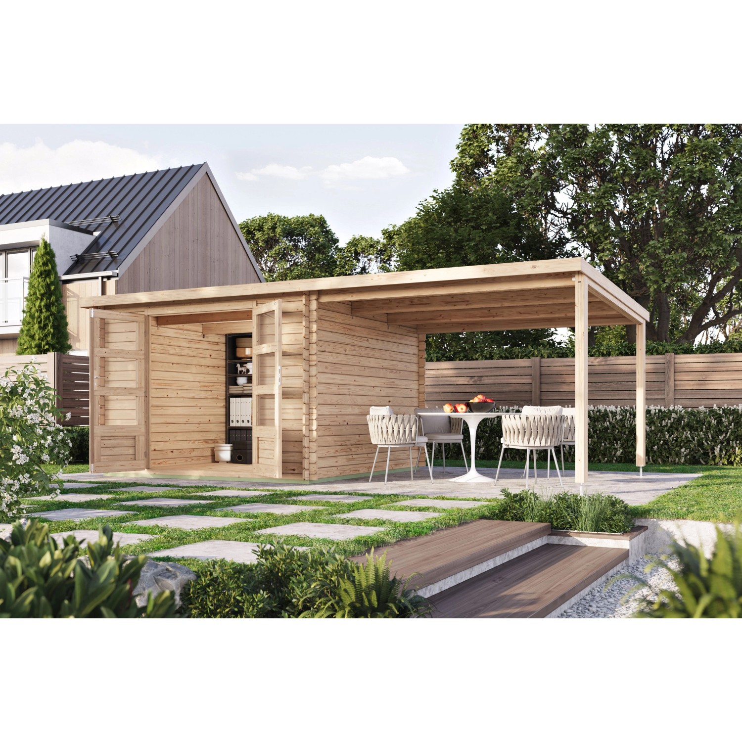 Karibu Gartenhaus Dortmund Set mit Anbaudach günstig online kaufen