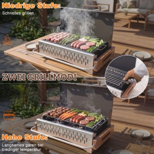 HOMAVO Holzkohlegrill Camping mit Grillwerkzeugset auf Holztisch mit Grillgut.