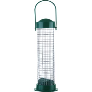 Grüne Vogelfutterstation für Erdnüsse, 9x22,5cm, mit Metallgitter und Aufhängebügel.