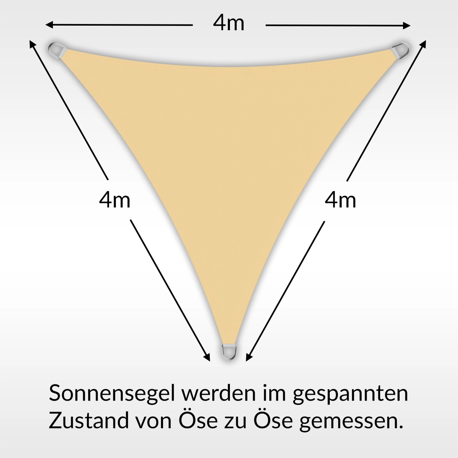 Sandfarbenes Toldoro Sonnensegel Dreieck (4x4x4m) mit UV-Schutz für Terrasse und Garten.