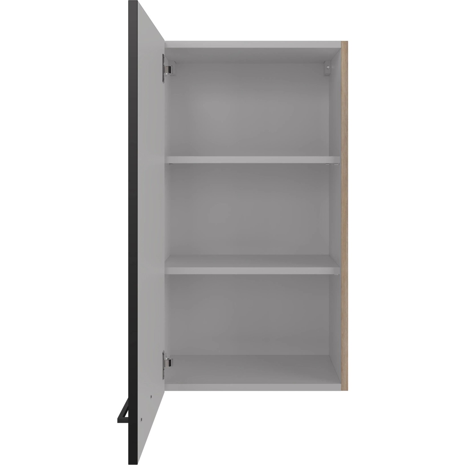Flex-Well Oberschrank Capri, 50x89 cm, Schwarz/Eiche, mit offener Tür und zwei Einlegeböden.