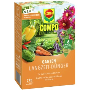 Packung Compo Garten Langzeit-Dünger 2 kg für Blumen, Obst und Gemüse.