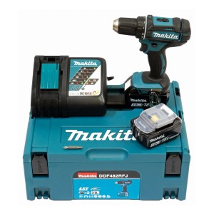 Makita Akku-Bohrschrauber DDF482RFJ Set mit 2 Akkus, Ladegerät und Koffer.