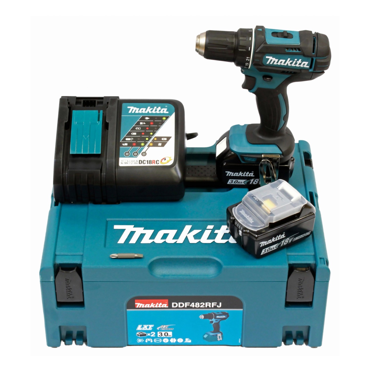 Makita 18 V Akku-Bohrschrauber DDF482RFJ inkl. 2 x 3 Ah Akkus, mit Koffer