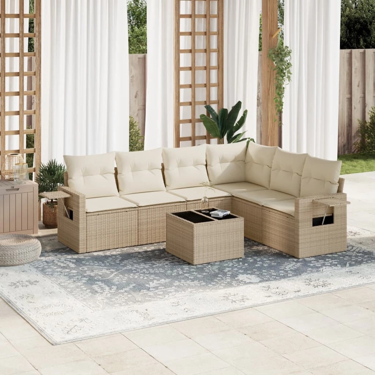 Beige 7-tlg. vidaXL Garten-Sofagarnitur aus Rattan mit Kissen. Gartenmöbel-Set mit Tisch.