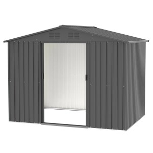 Tepro Metallgerätehaus Flex Shed X-Large in Anthrazit mit geöffneter Schiebetür.