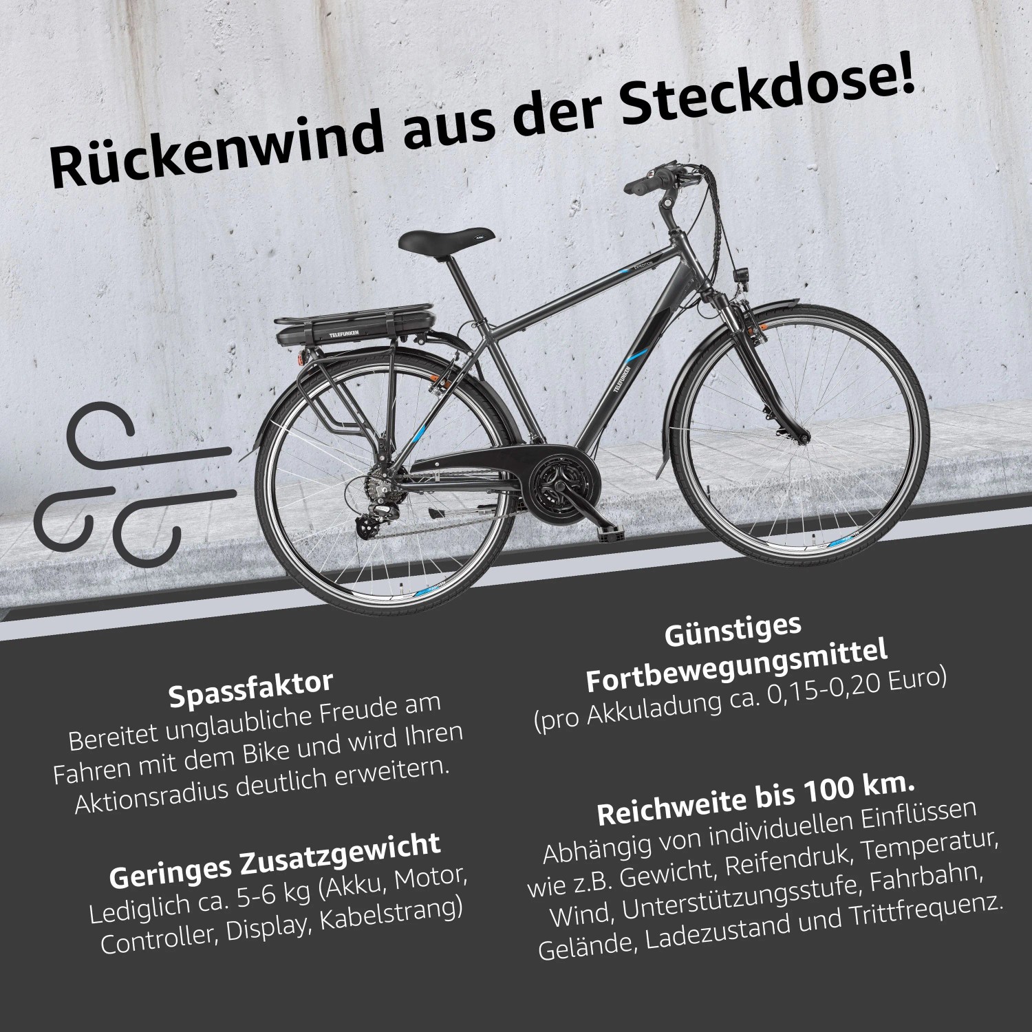 Telefunken Trekking E-Bike mit 21 Gang Shimano Schaltung, Hinterradmotor und Akku.