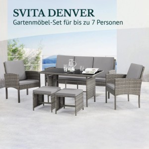 Svita Denver Polyrattan Gartenmöbel Set, Esstisch, Lounge, grau, für bis zu 7 Personen.