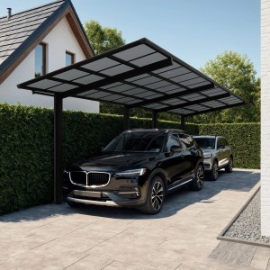 Schwarzes Ximax Alu Doppelcarport Linea Tandem Typ 60 mit zwei Autos.