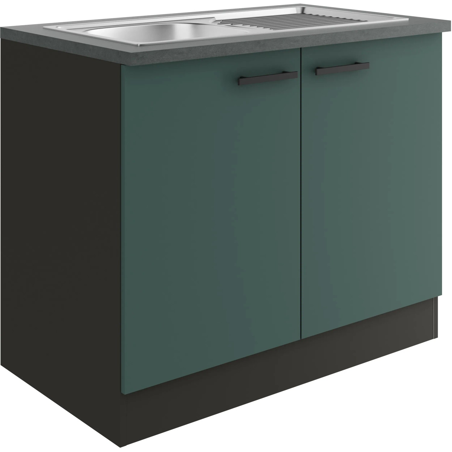 OPTIFIT Verona405 Spülenunterschrank, 100 cm, Steingrün mit Spüle und anthrazitfarbener Arbeitsplatte.
