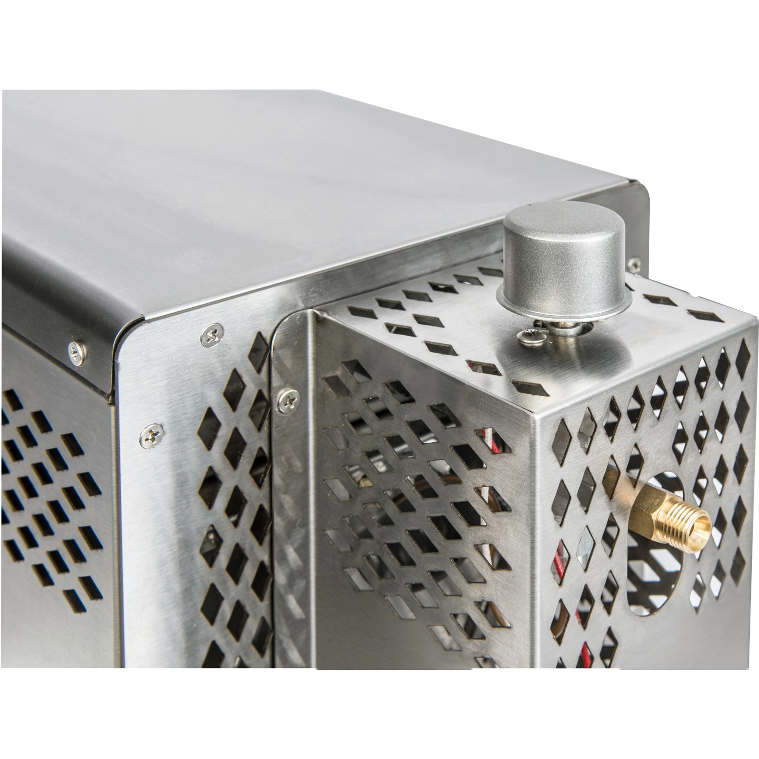 Detailaufnahme: tepro Toronto Gas-Steakgrill mit 800 Grad Oberhitze, Edelstahlgehäuse mit Lüftungsschlitzen.