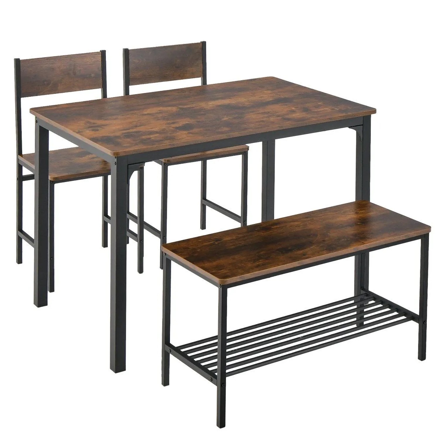 Costway Esstisch Set 4-Teilig Küchentisch mit 2 Stühlen & 1 Bank & Regal