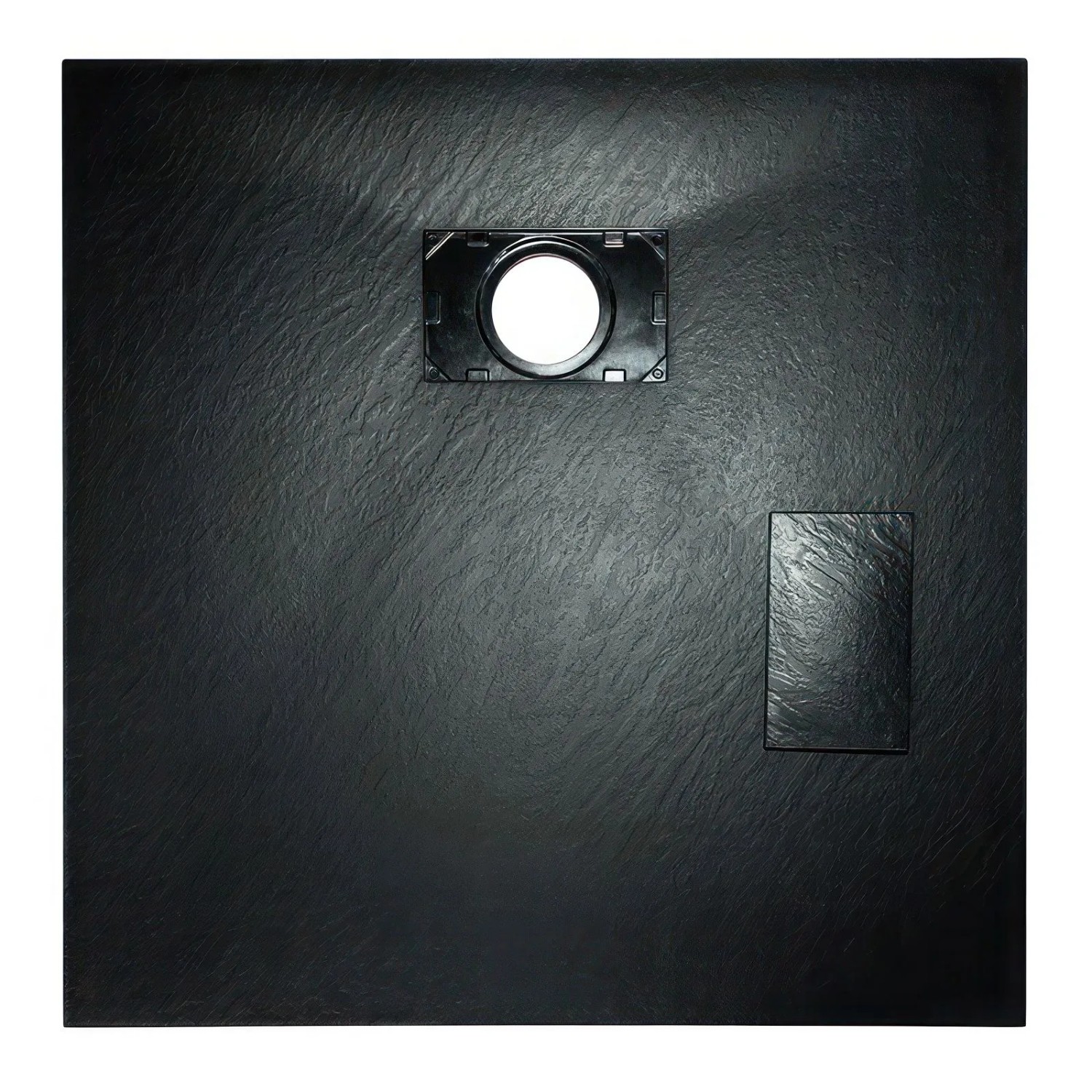 Schwarze quadratische Duschwanne VIDAR 90x90 mit Steinoptik und Ablauf. Robuster Verbundwerkstoff.