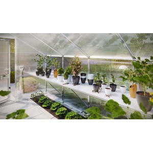 KGT Tischgestell Callas III im Gewächshaus mit Pflanzen und Töpfen.