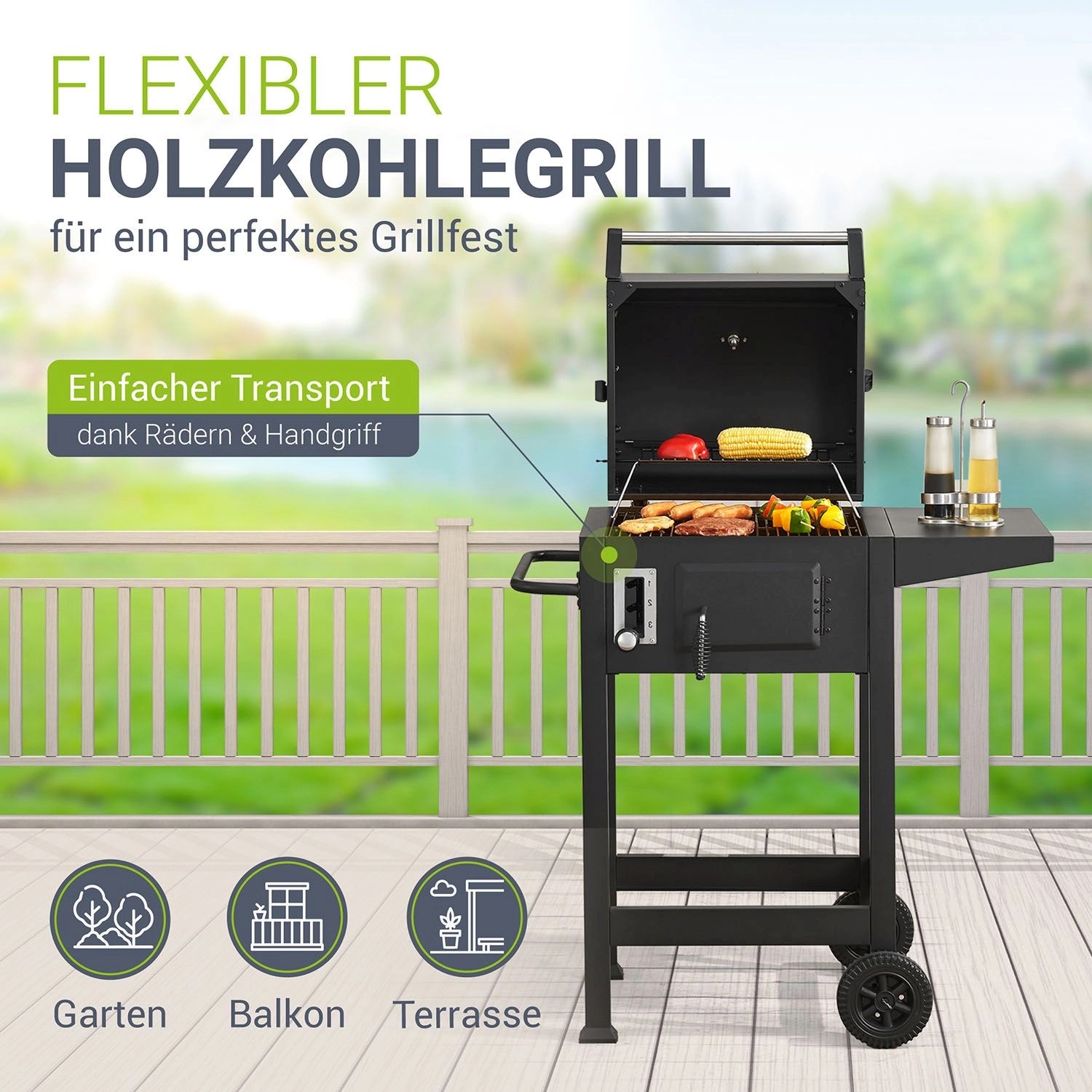Juskys Holzkohlegrill Missouri mit Abdeckplane, Grillwagen mit Ablagefläche und Thermometer.