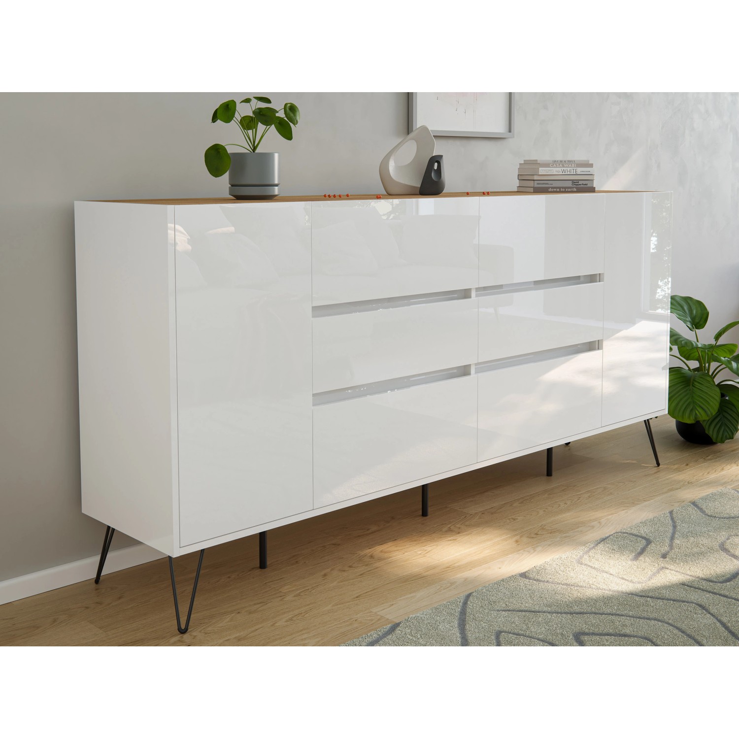 Posseik Sideboard Industrial R, 200 cm, weiß/Eiche, mit 6 Schubladen und 2 Türen.
