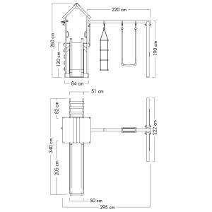 Technische Zeichnung: Wickey FreeFlyer Spielturm mit Rutsche, Schaukel und Kletterwand, Maße in cm.