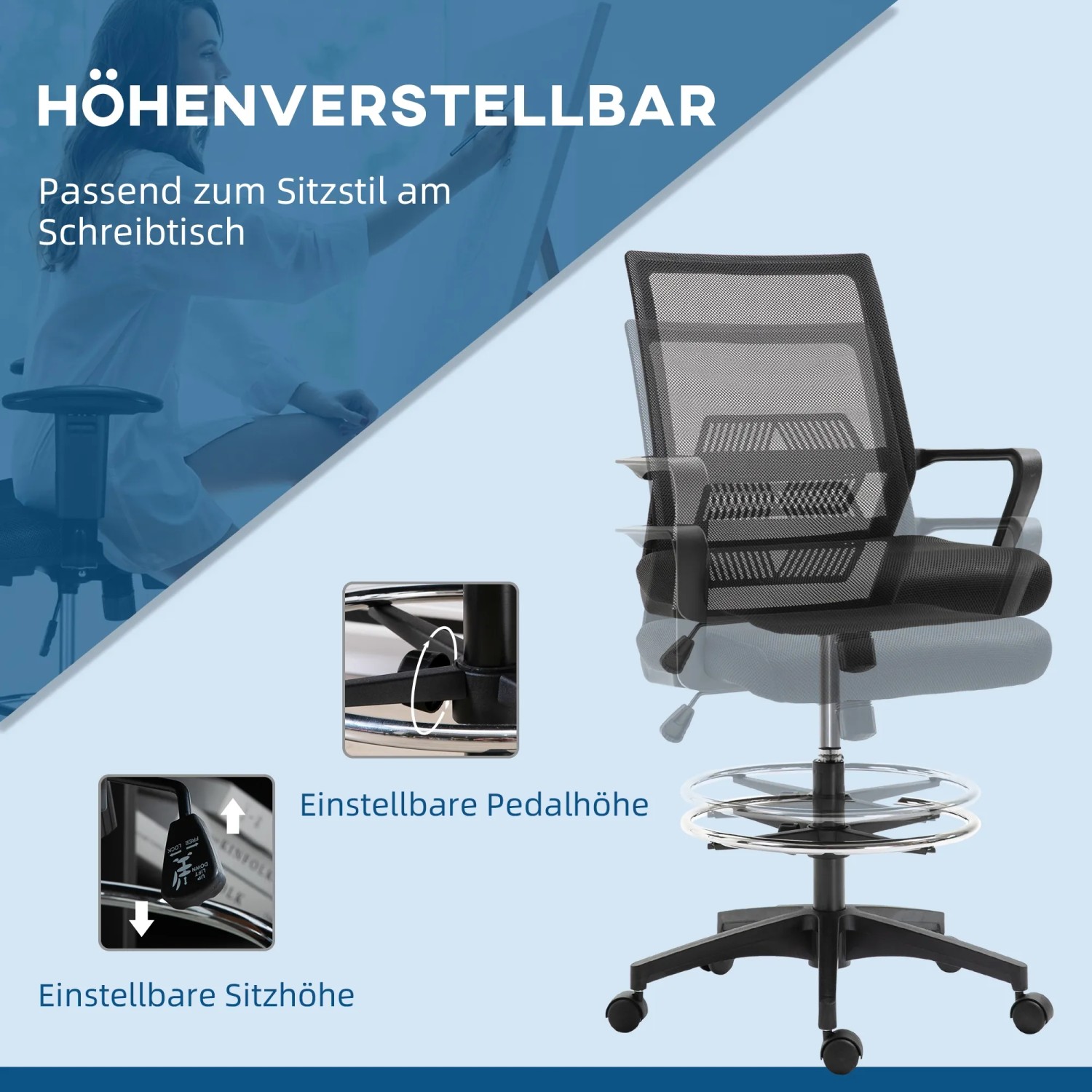 Vinsetto Bürostuhl, schwarz, mit verstellbarer Sitz- und Fußstützenhöhe für Stehpulte.